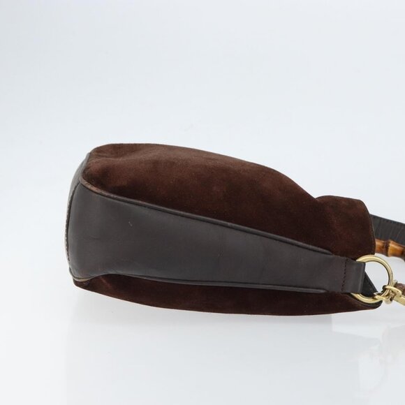 GUCCI Bamboo Shoulder Bag Suede 2way Dark Brown Gold Auth - Picture 4 of 16